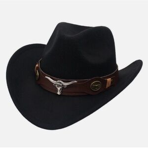 Women's Black Cowboy Western Fedora Rodeo Faux-Sued Hat with Longhorn details